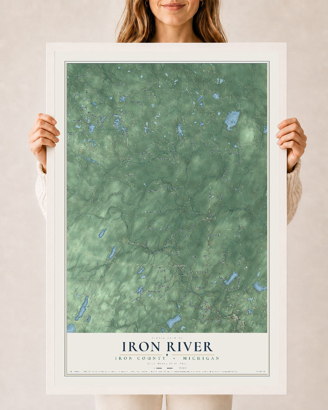 Map of Iron River, Iron County, Michigan, 24 x 36 inch print in a white wood frame