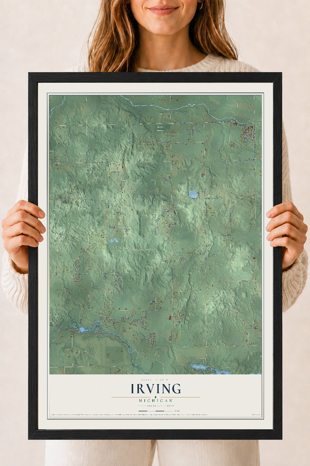 Map of Irving, Michigan, 18 x 24 inch print in a black wood frame
