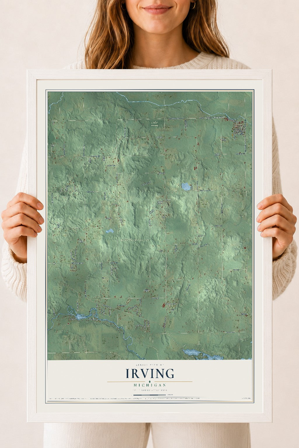 Map of Irving, Michigan, 18 x 24 inch print in a white wood frame