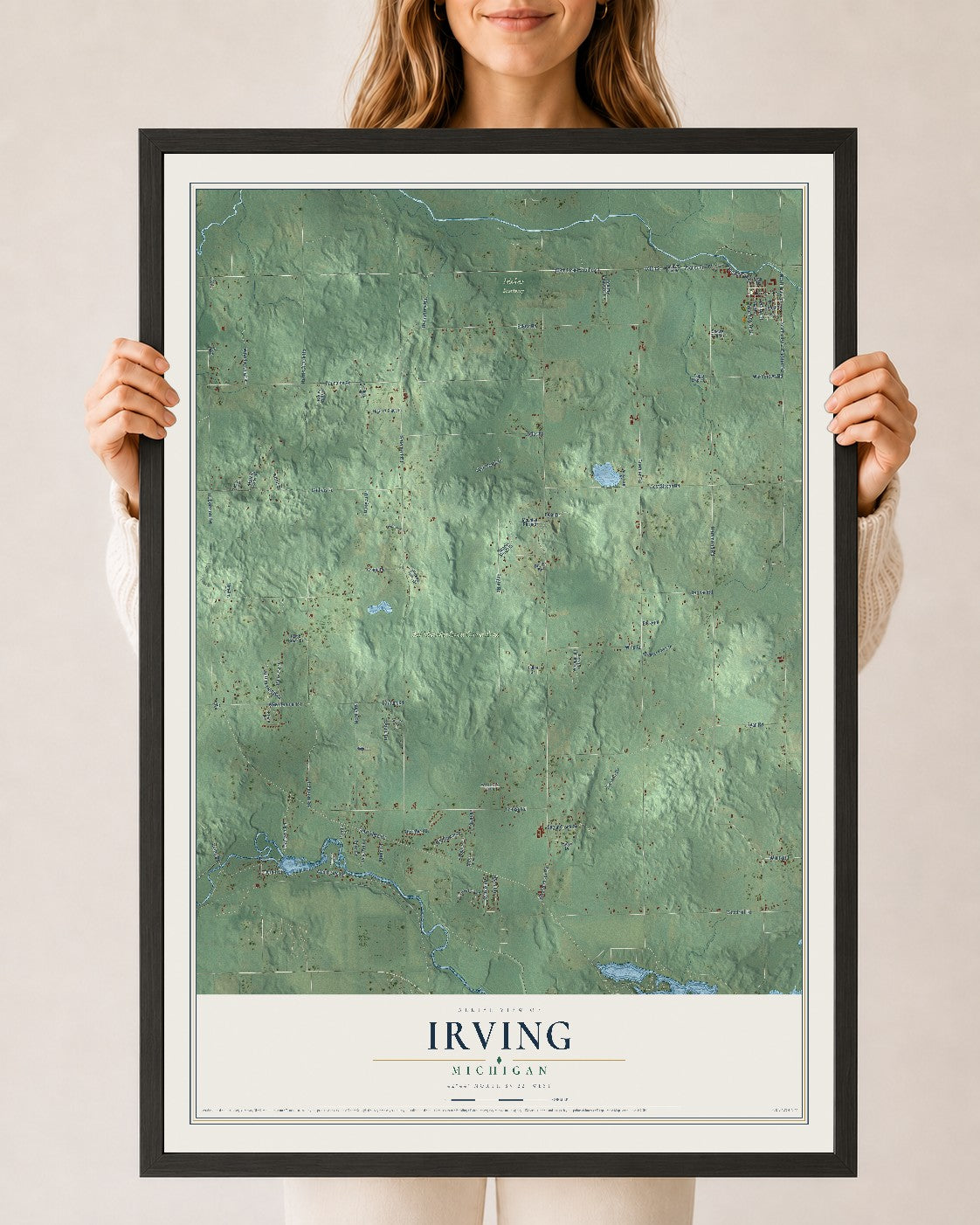 Map of Irving, Michigan, 24 x 36 inch print in a black wood frame