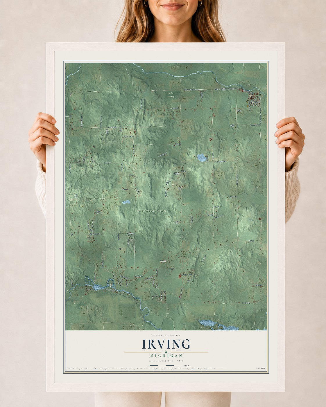 Map of Irving, Michigan, 24 x 36 inch print in a white wood frame