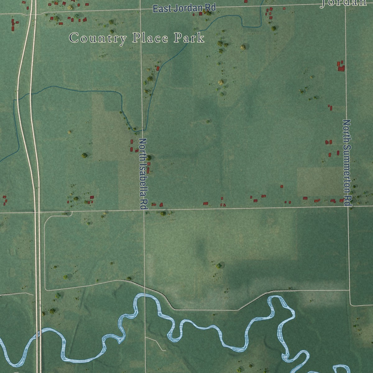 Close-up of the map of Isabella, Michigan print showing street and building detail