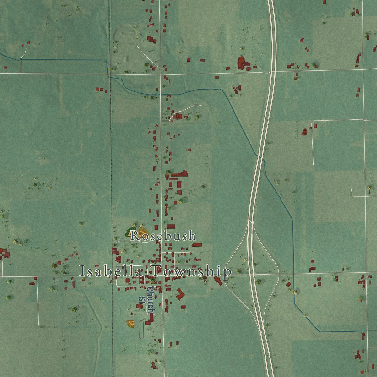 Second close-up of the map of Isabella, Michigan print showing more streets and buildings