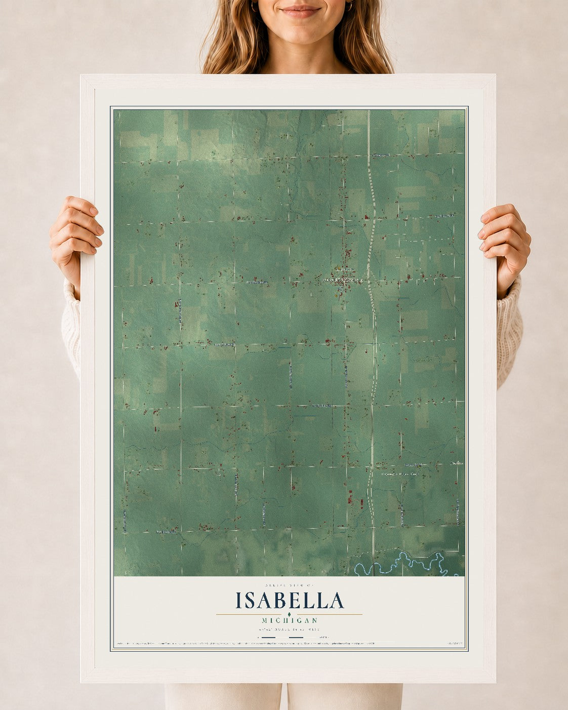 Map of Isabella, Michigan, 24 x 36 inch print in a white wood frame