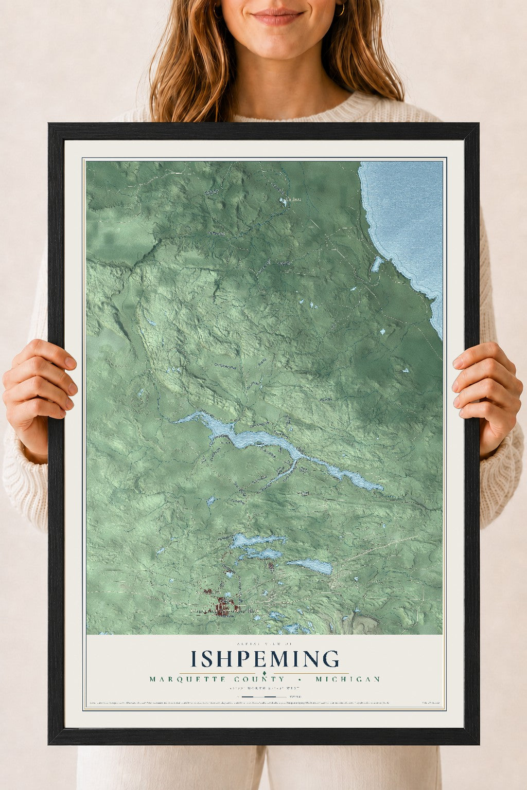 Map of Ishpeming, Marquette County, Michigan, 18 x 24 inch print in a black wood frame