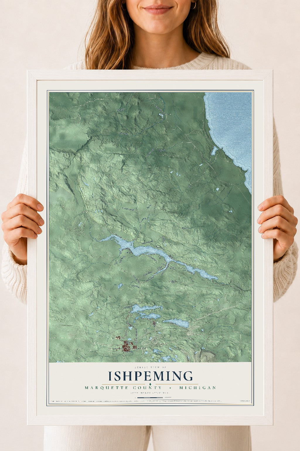 Map of Ishpeming, Marquette County, Michigan, 18 x 24 inch print in a white wood frame