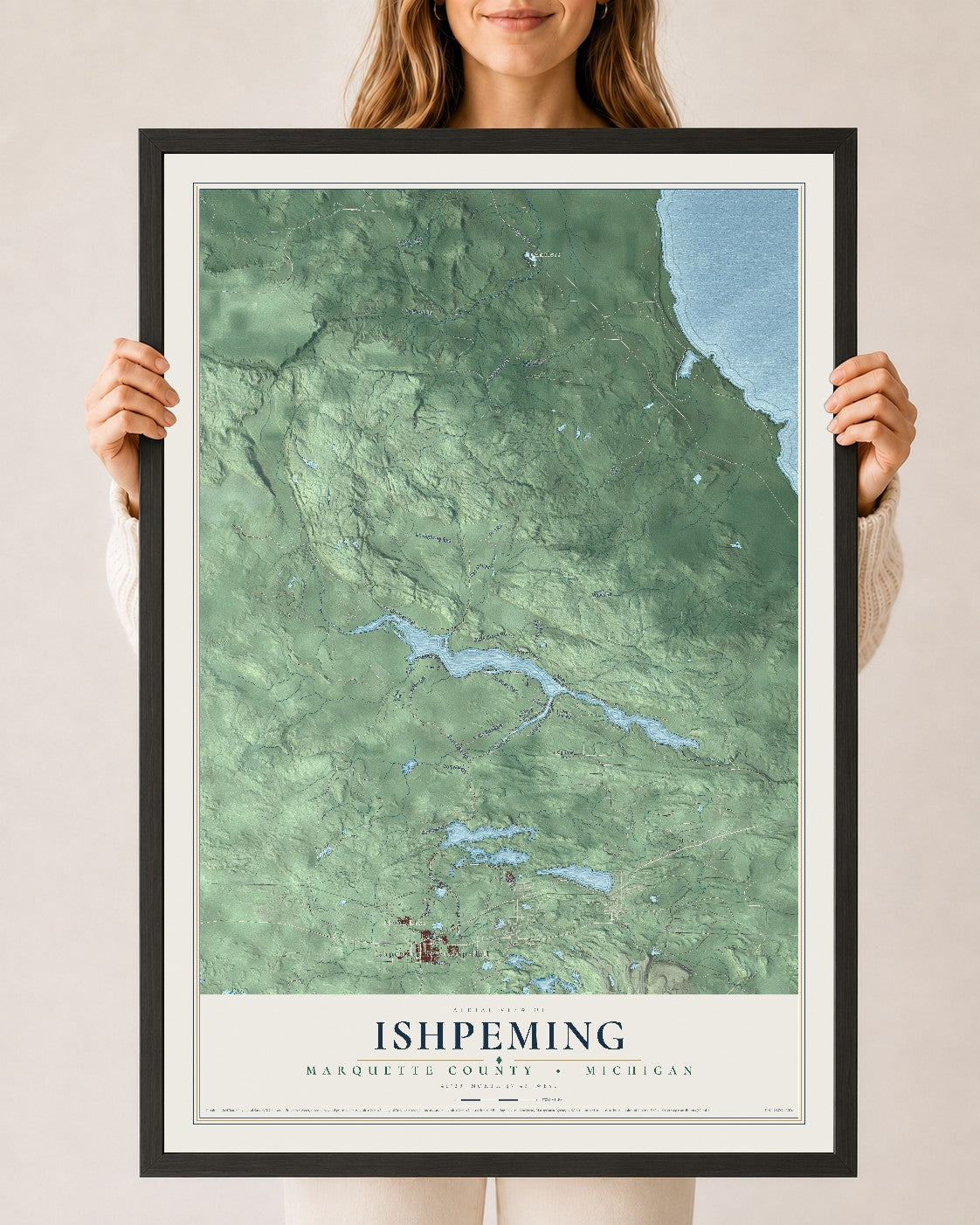Map of Ishpeming, Marquette County, Michigan, 24 x 36 inch print in a black wood frame