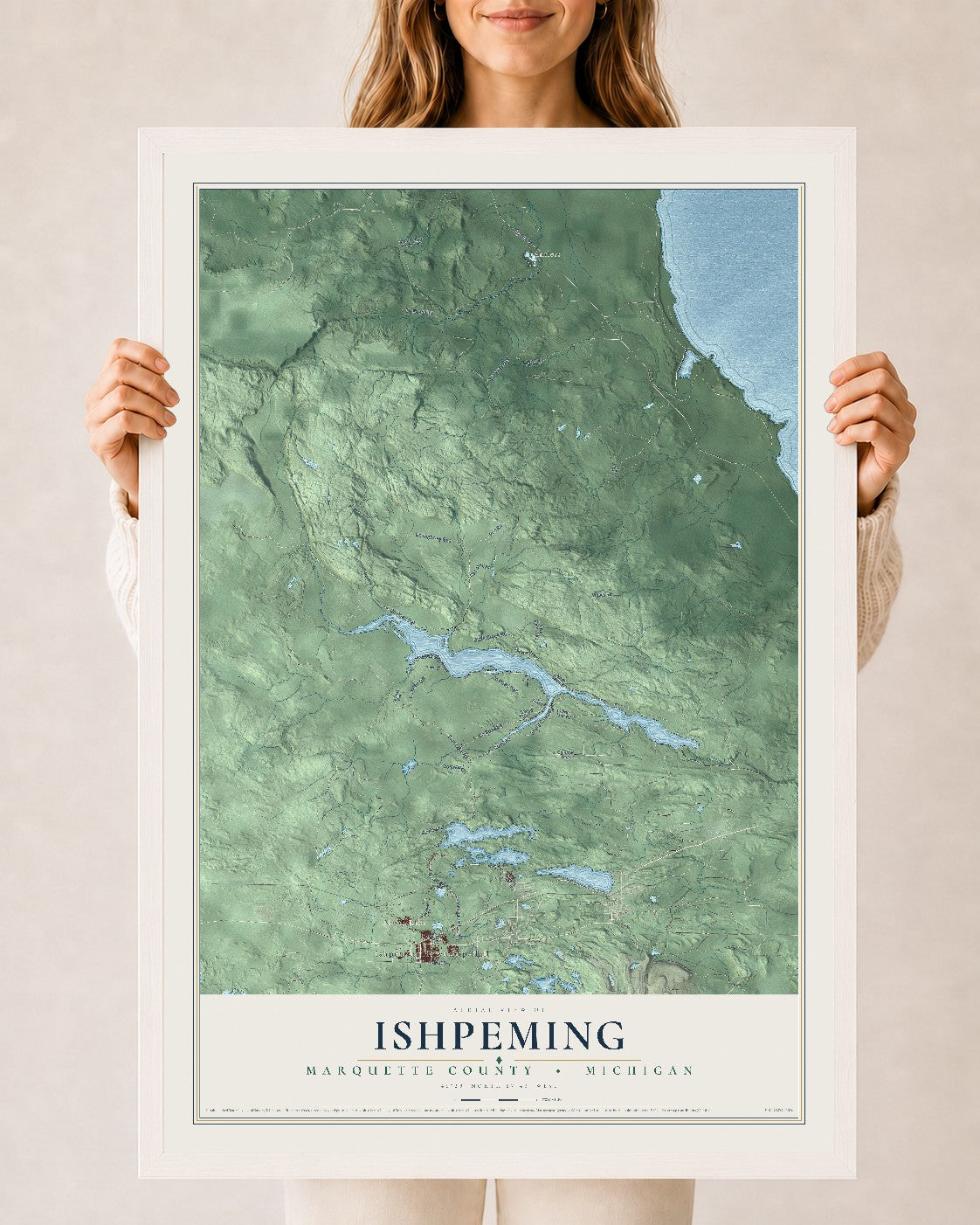 Map of Ishpeming, Marquette County, Michigan, 24 x 36 inch print in a white wood frame