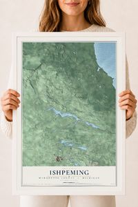 Map of Ishpeming, Marquette County, Michigan, 18 x 24 inch print in a white wood frame