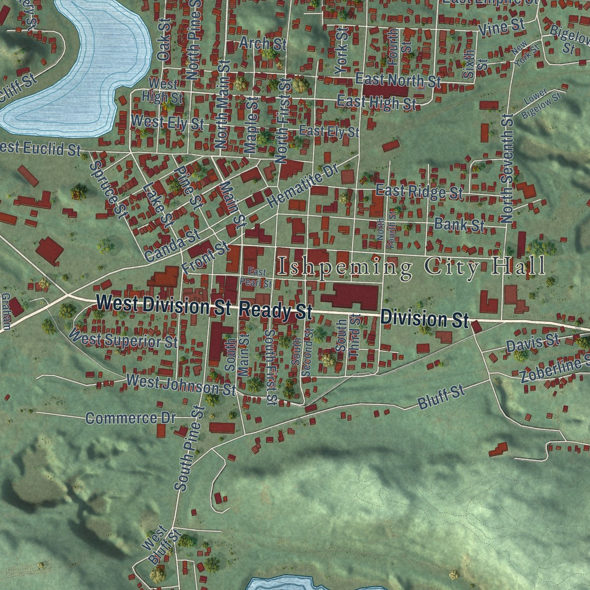 Close-up of the map of Ishpeming, Michigan print showing street and building detail