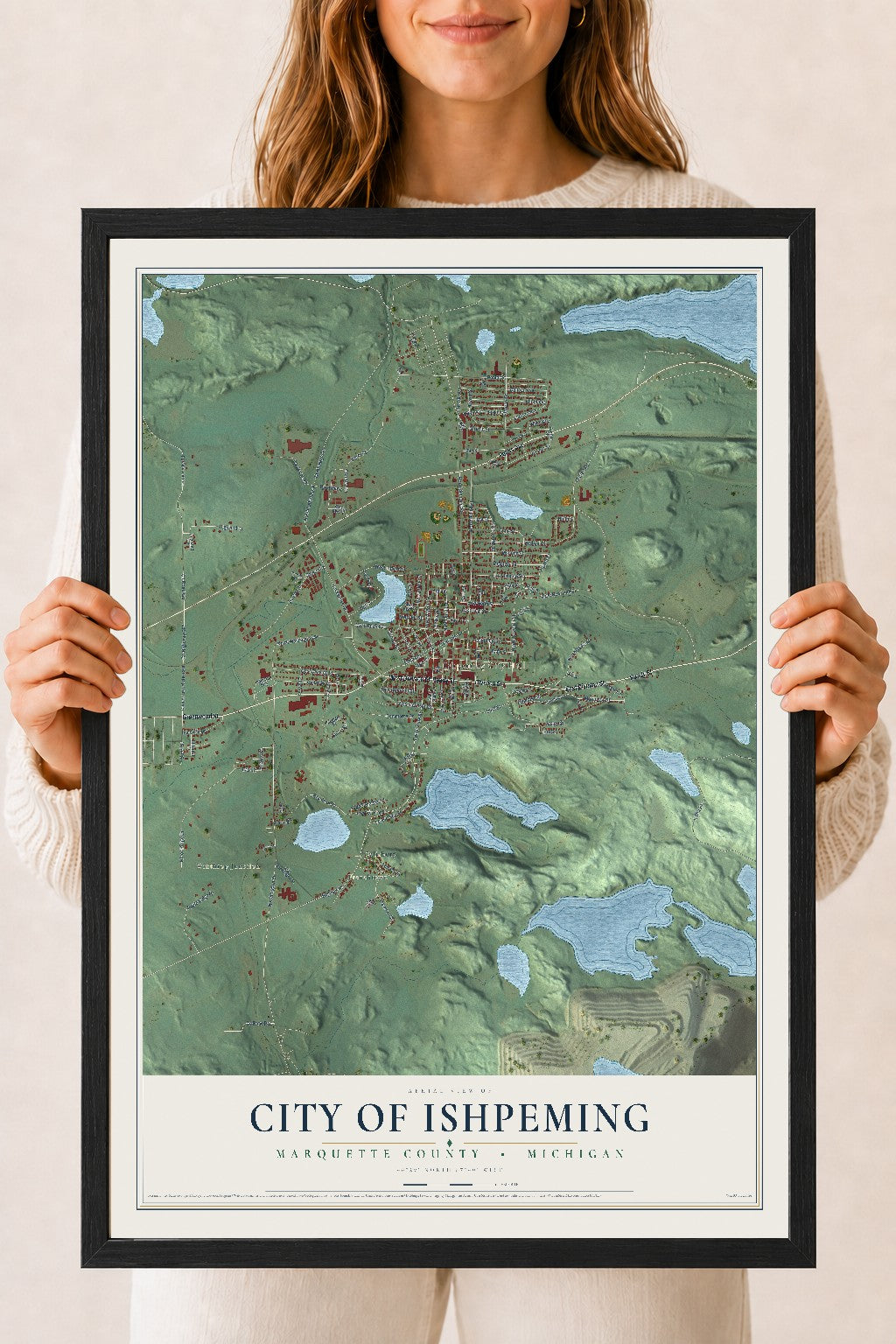 Map of Ishpeming, Michigan, 18 x 24 inch print in a black wood frame