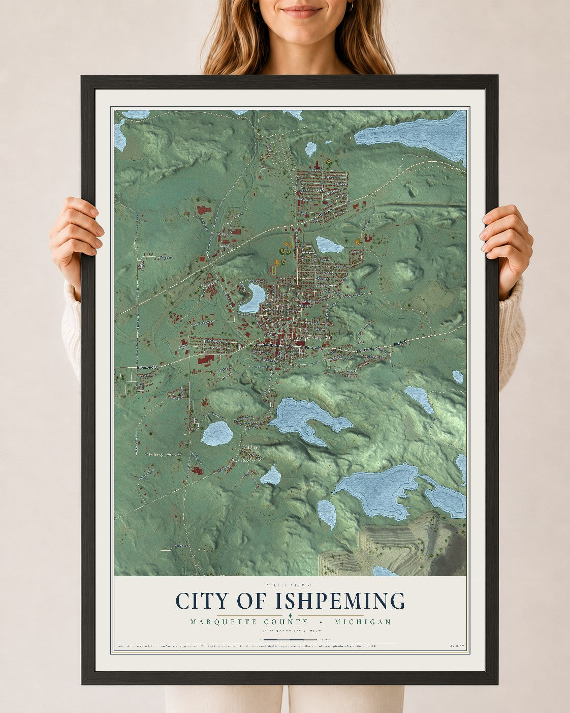 Map of Ishpeming, Michigan, 24 x 36 inch print in a black wood frame