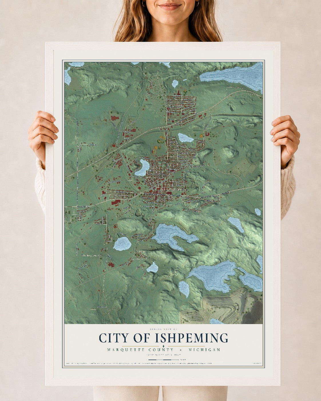 Map of Ishpeming, Michigan, 24 x 36 inch print in a white wood frame