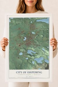 Map of Ishpeming, Michigan, 18 x 24 inch print in a white wood frame