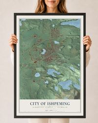 Map of Ishpeming, Michigan, 24 x 36 inch print in a black wood frame