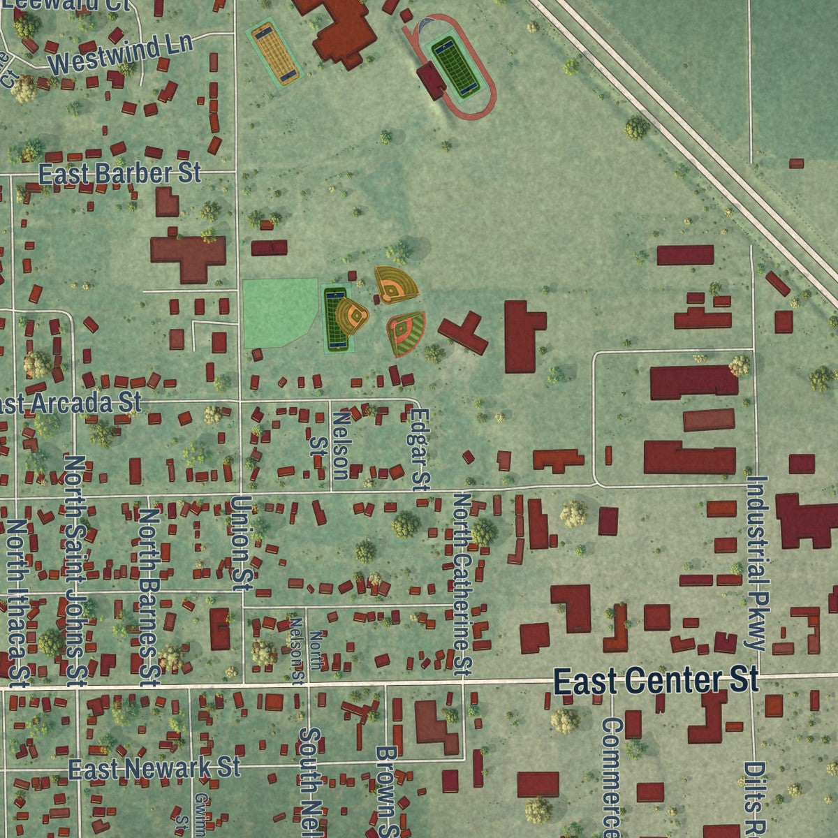 Close-up of the map of Ithaca, Michigan print showing street and building detail