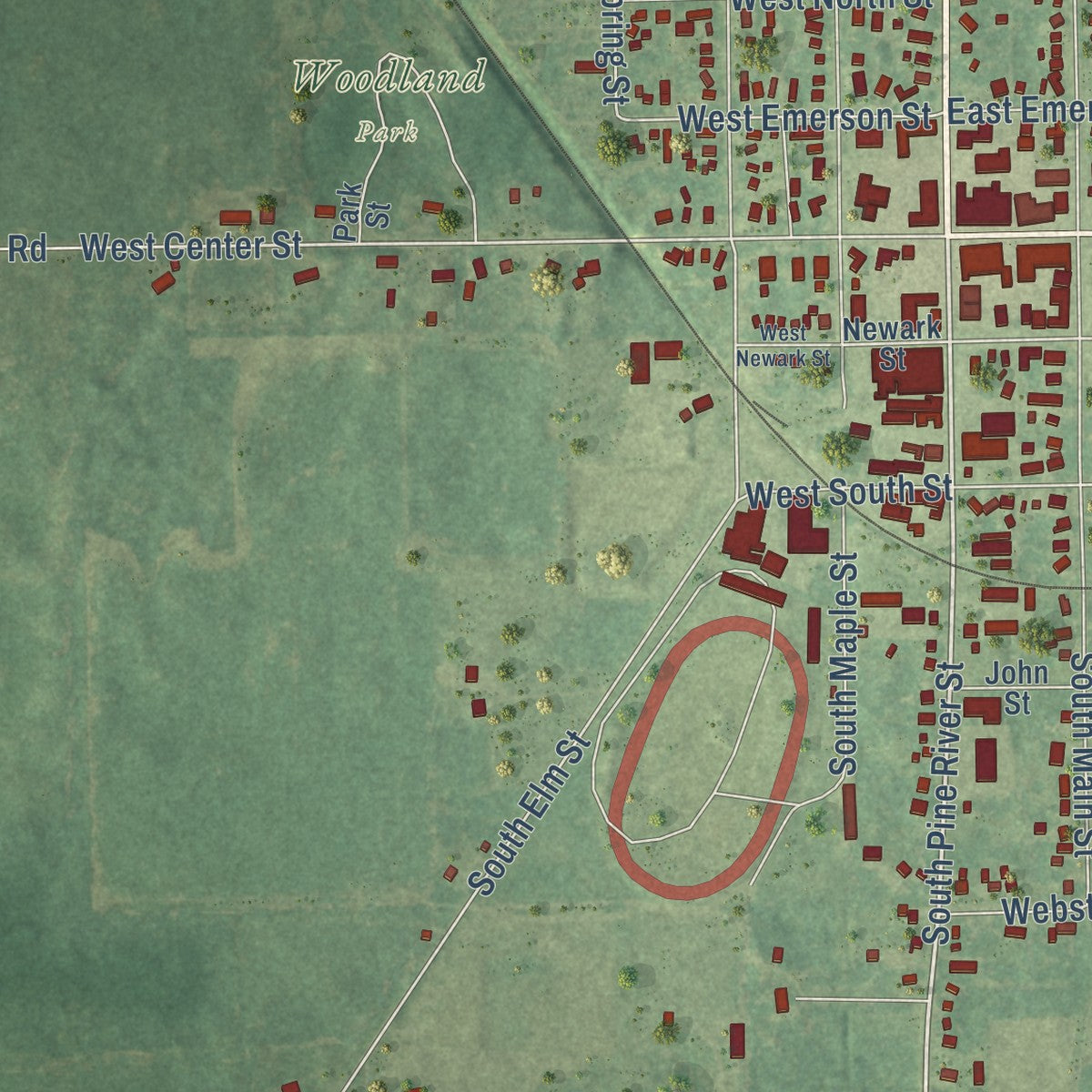 Second close-up of the map of Ithaca, Michigan print showing more streets and buildings
