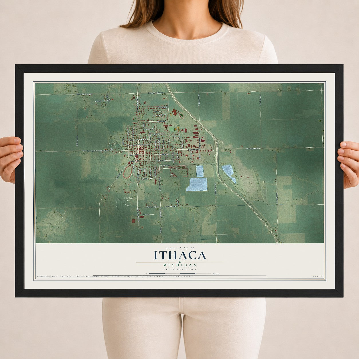 Map of Ithaca, Michigan, 18 x 24 inch print in a black wood frame
