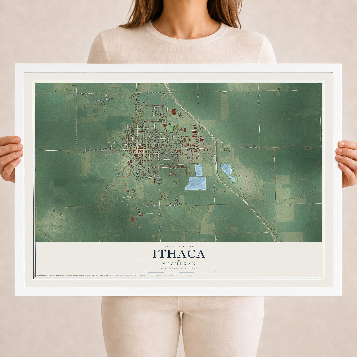 Map of Ithaca, Michigan, 18 x 24 inch print in a white wood frame