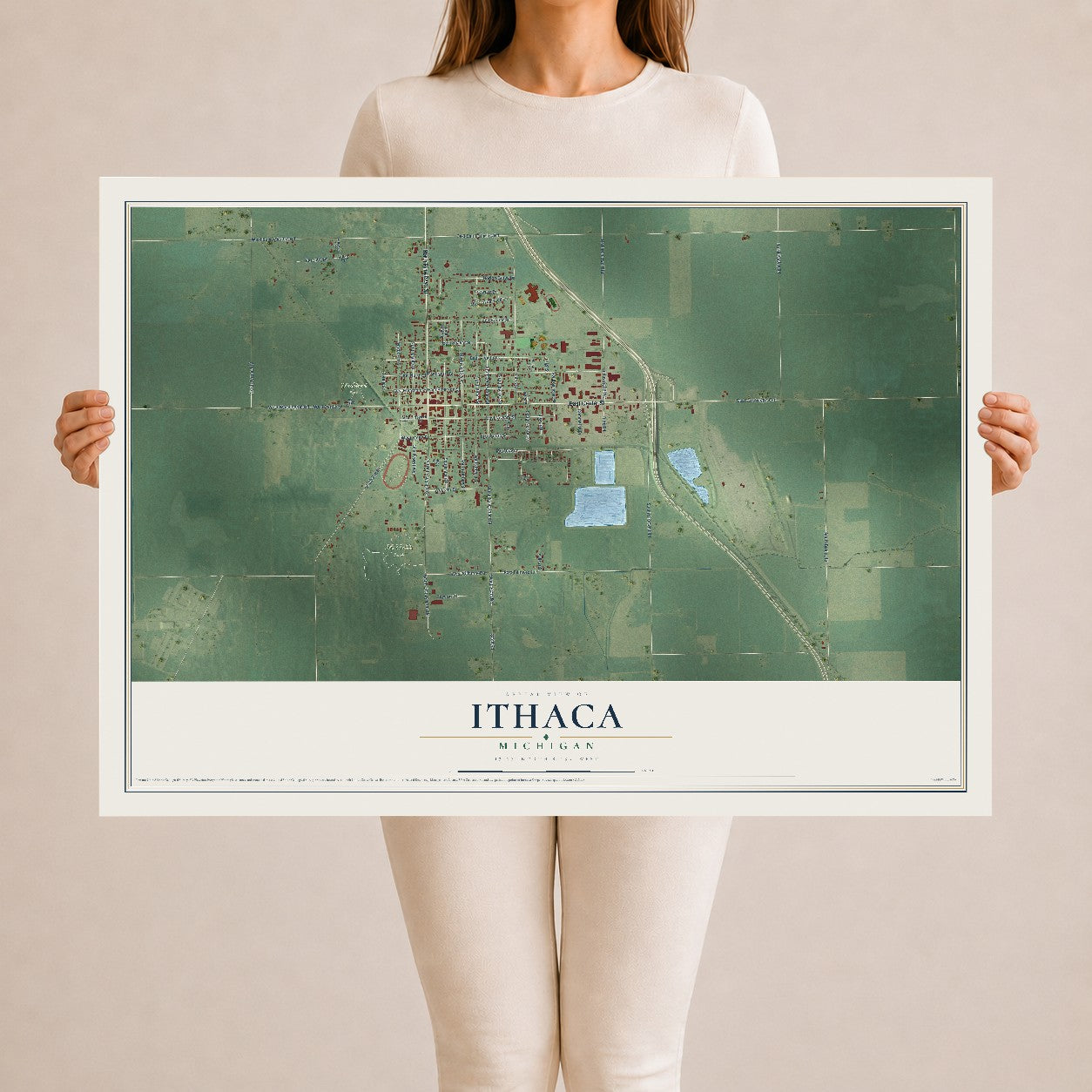 Map of Ithaca, Michigan, 24 x 36 inch unframed archival matte print