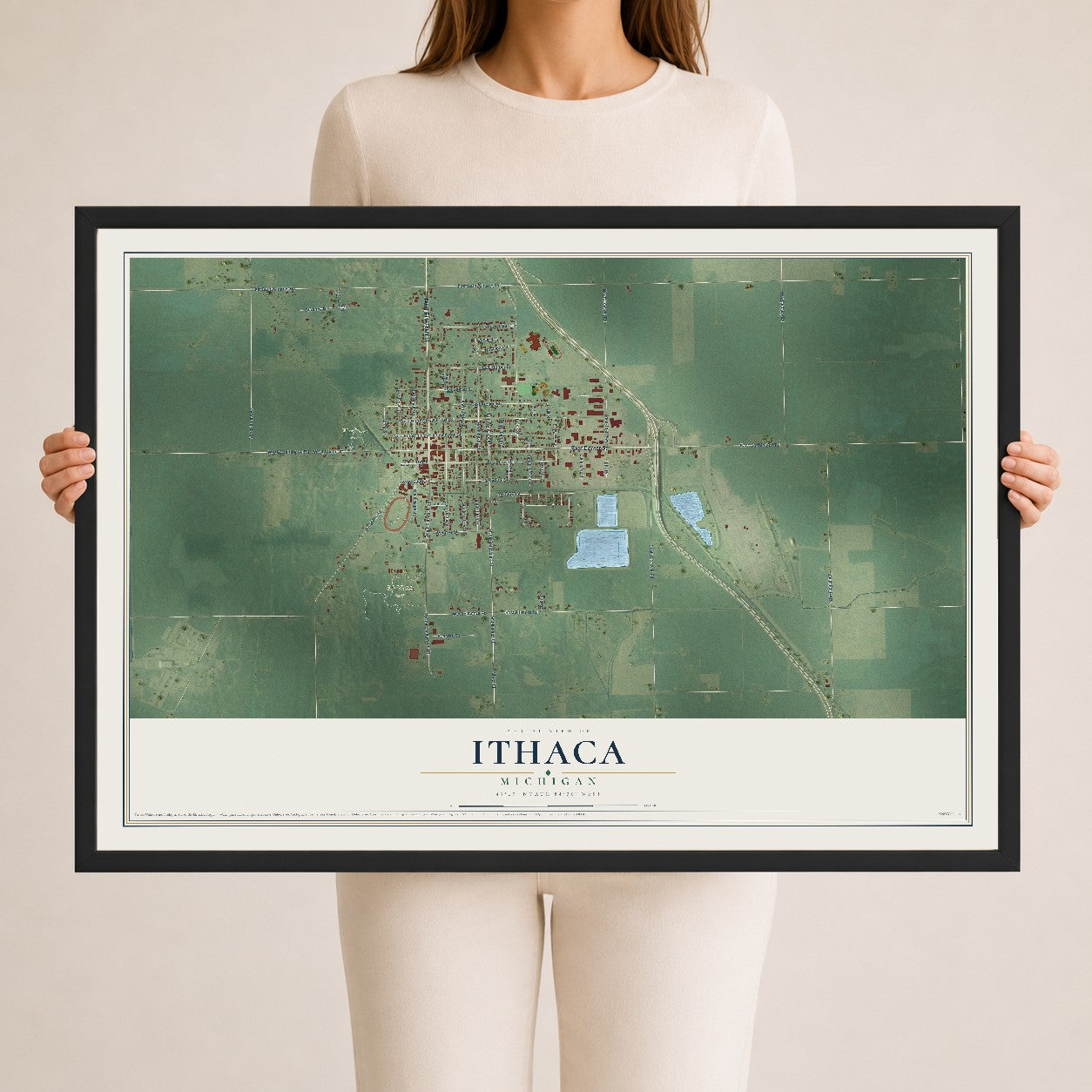 Map of Ithaca, Michigan, 24 x 36 inch print in a black wood frame