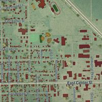 Close-up of the map of Ithaca, Michigan print showing street and building detail
