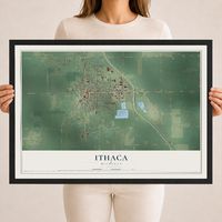 Map of Ithaca, Michigan, 18 x 24 inch print in a black wood frame