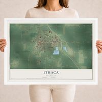 Map of Ithaca, Michigan, 18 x 24 inch print in a white wood frame