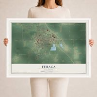 Map of Ithaca, Michigan, 24 x 36 inch print in a white wood frame