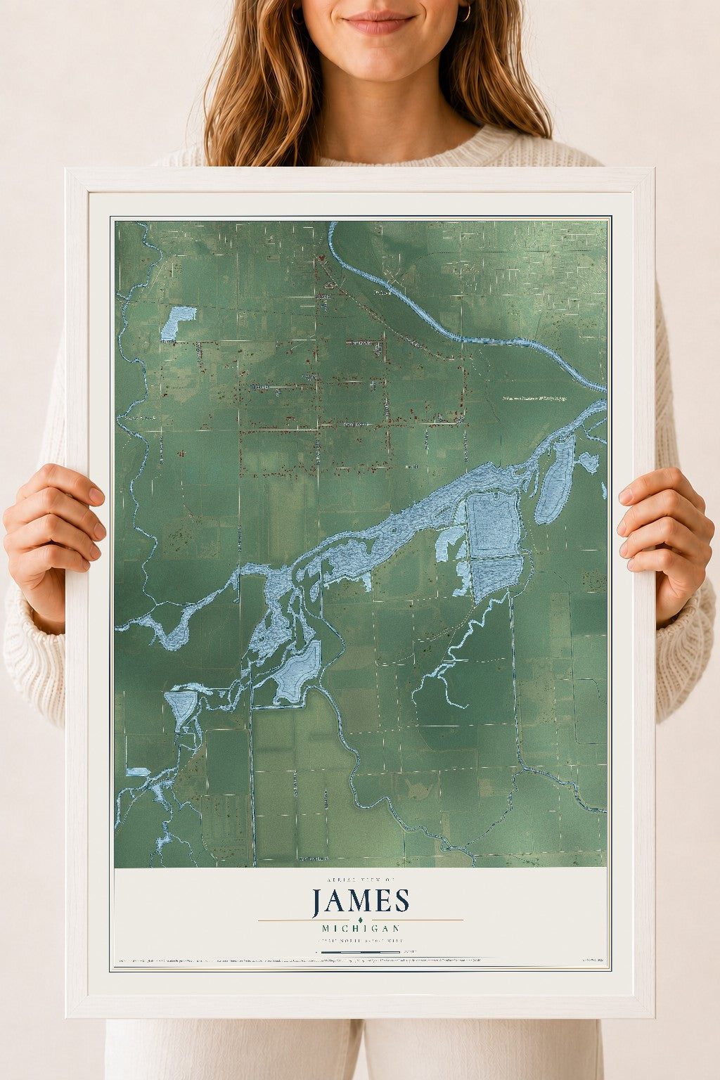 Map of James, Michigan, 18 x 24 inch print in a white wood frame