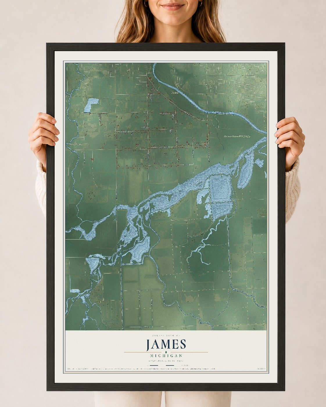 Map of James, Michigan, 24 x 36 inch print in a black wood frame