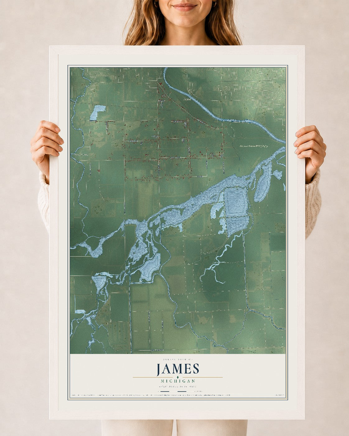 Map of James, Michigan, 24 x 36 inch print in a white wood frame