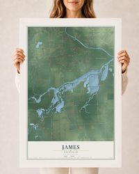 Map of James, Michigan, 24 x 36 inch print in a white wood frame