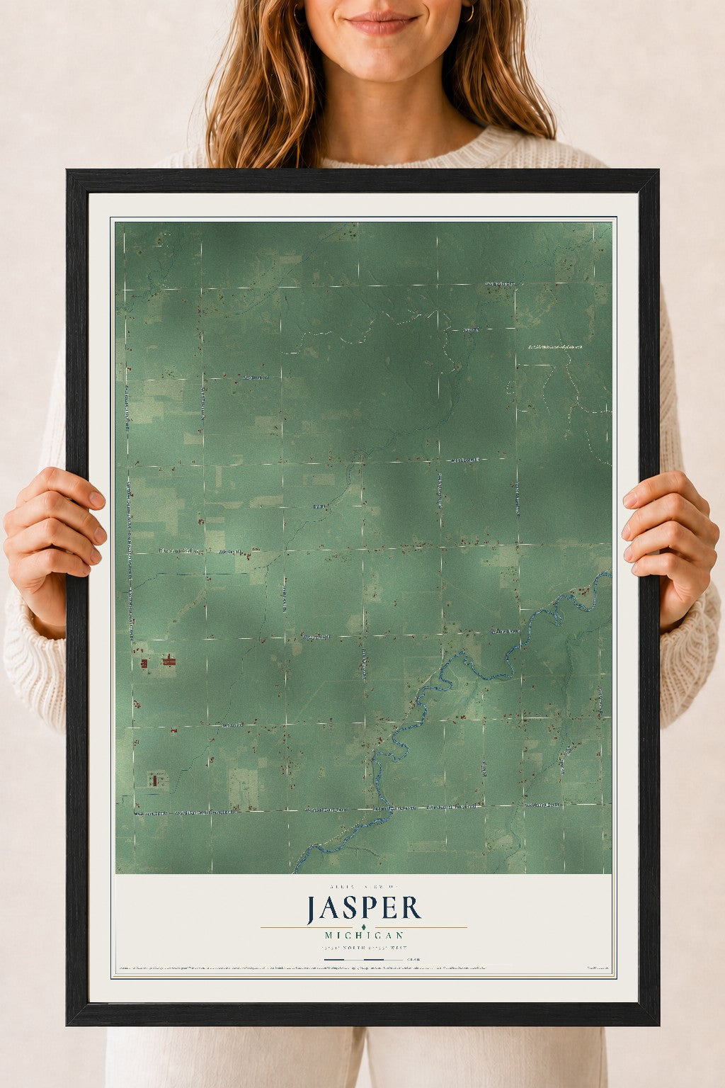 Map of Jasper, Michigan, 18 x 24 inch print in a black wood frame