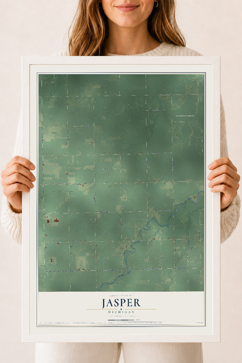 Map of Jasper, Michigan, 18 x 24 inch print in a white wood frame