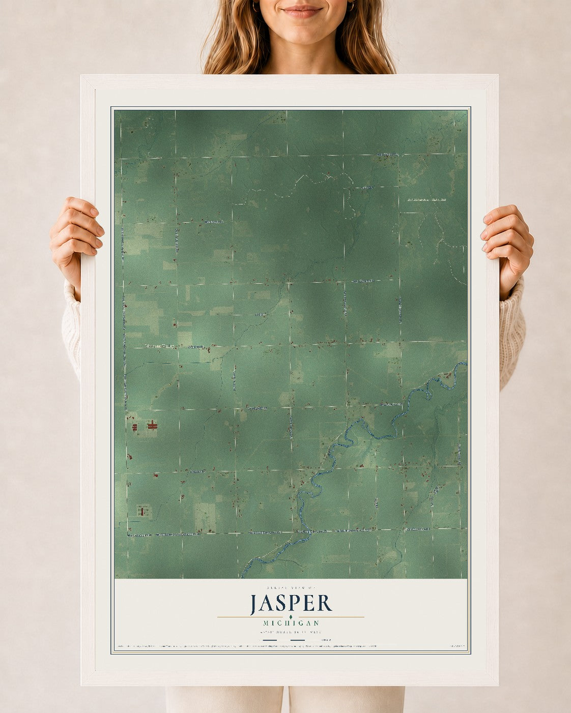 Map of Jasper, Michigan, 24 x 36 inch print in a white wood frame