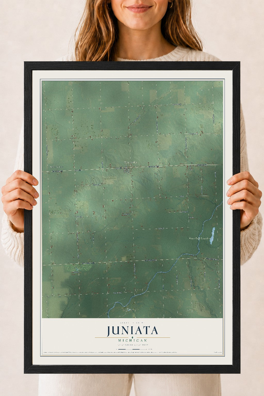Map of Juniata, Michigan, 18 x 24 inch print in a black wood frame