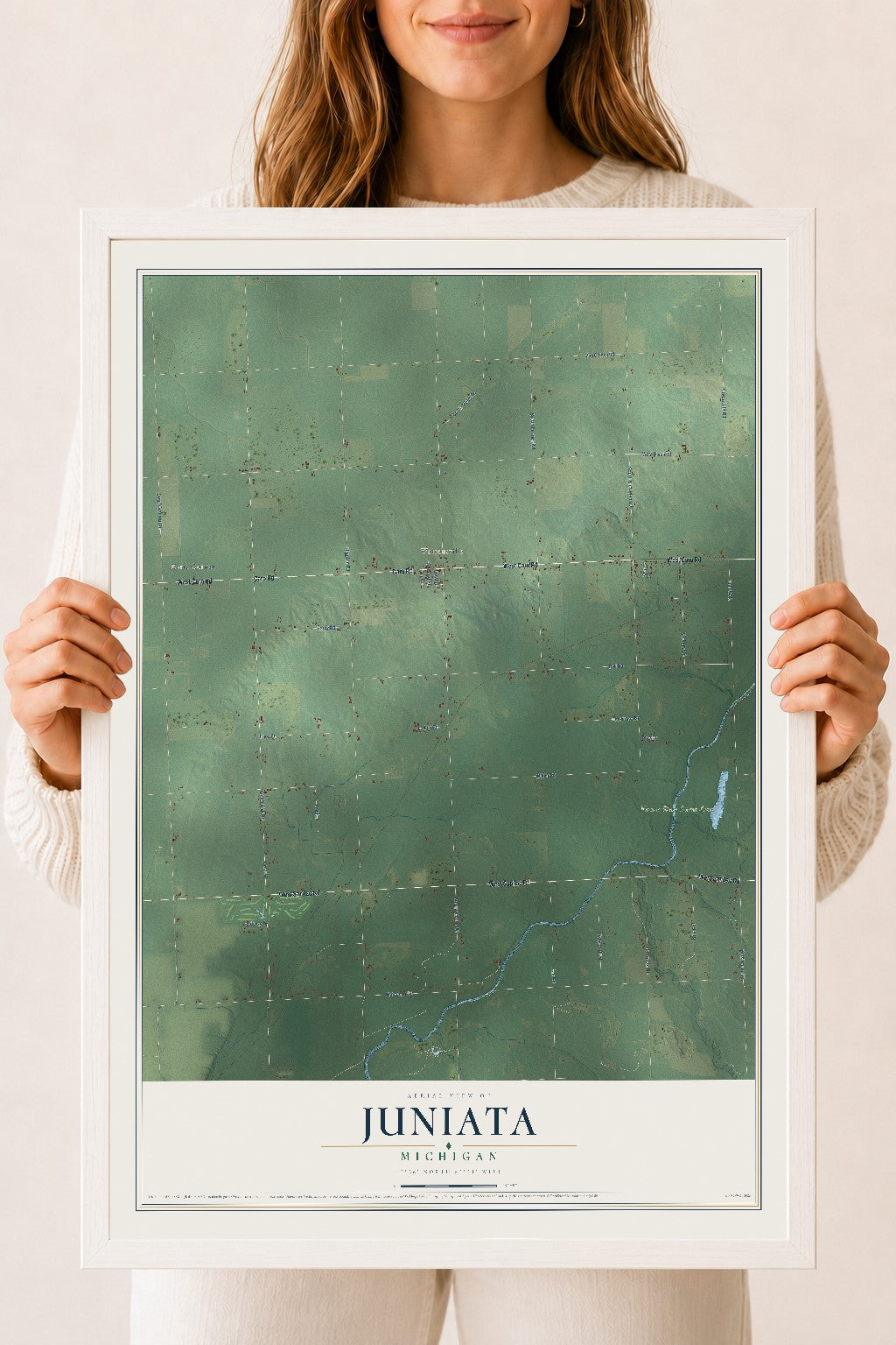 Map of Juniata, Michigan, 18 x 24 inch print in a white wood frame