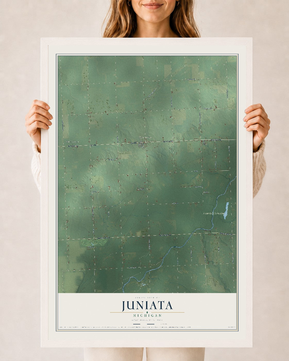 Map of Juniata, Michigan, 24 x 36 inch print in a white wood frame