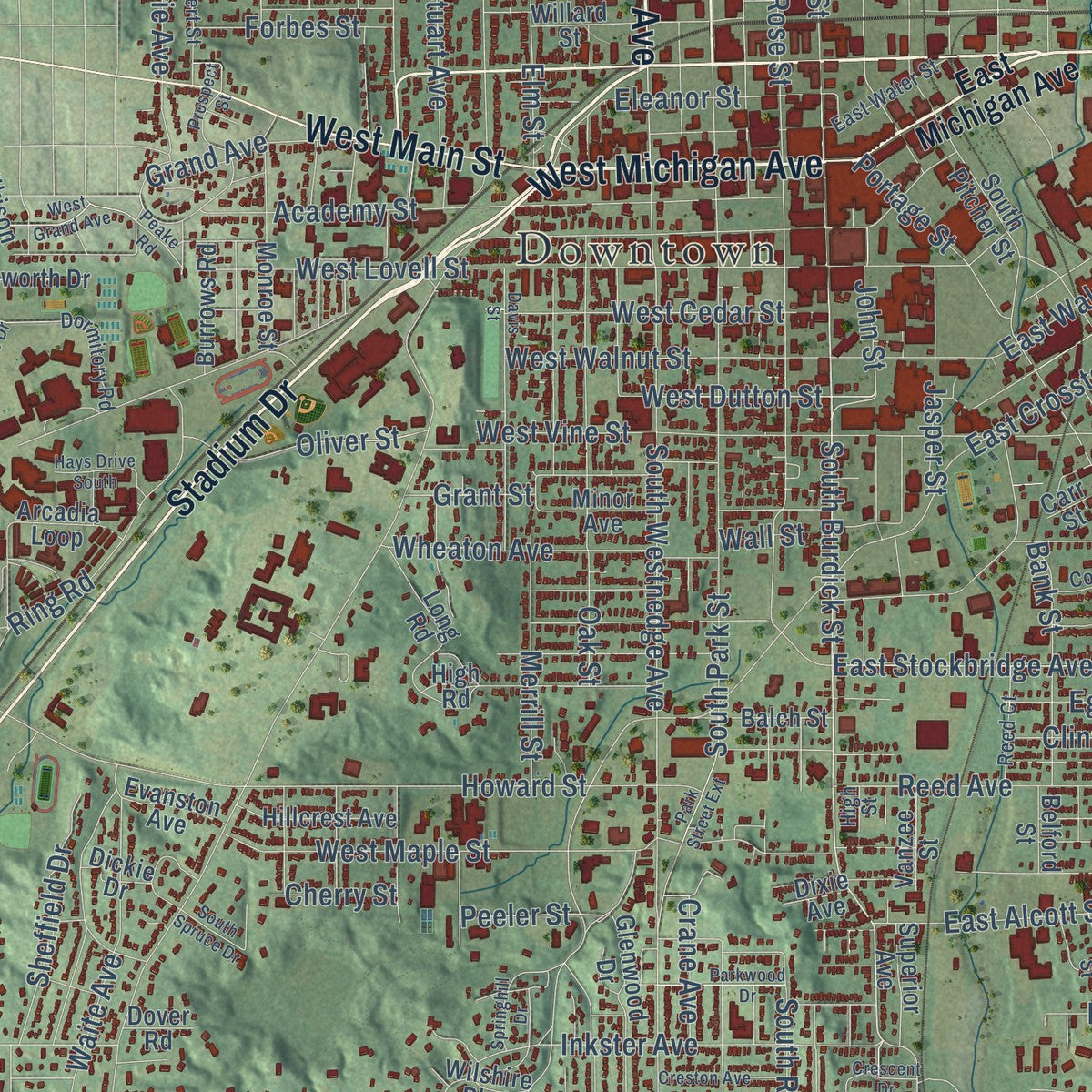 Close-up of the map of Kalamazoo, Michigan print showing street and building detail