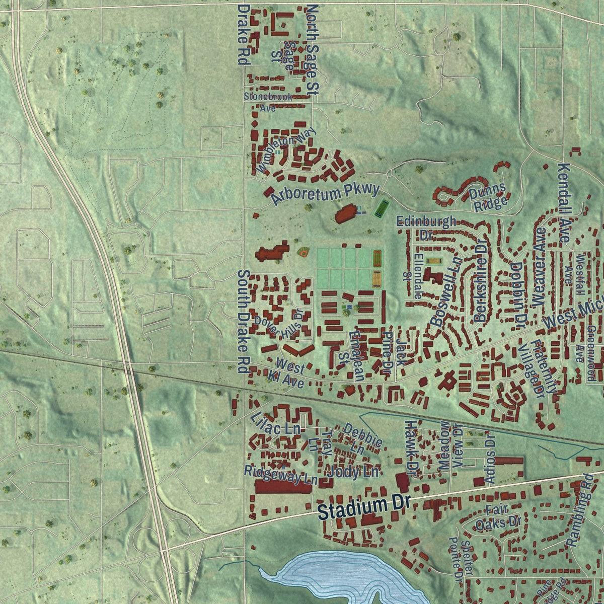 Second close-up of the map of Kalamazoo, Michigan print showing more streets and buildings