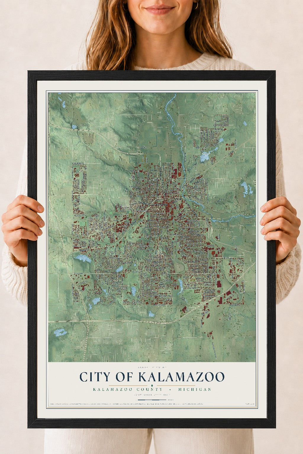 Map of Kalamazoo, Michigan, 18 x 24 inch print in a black wood frame
