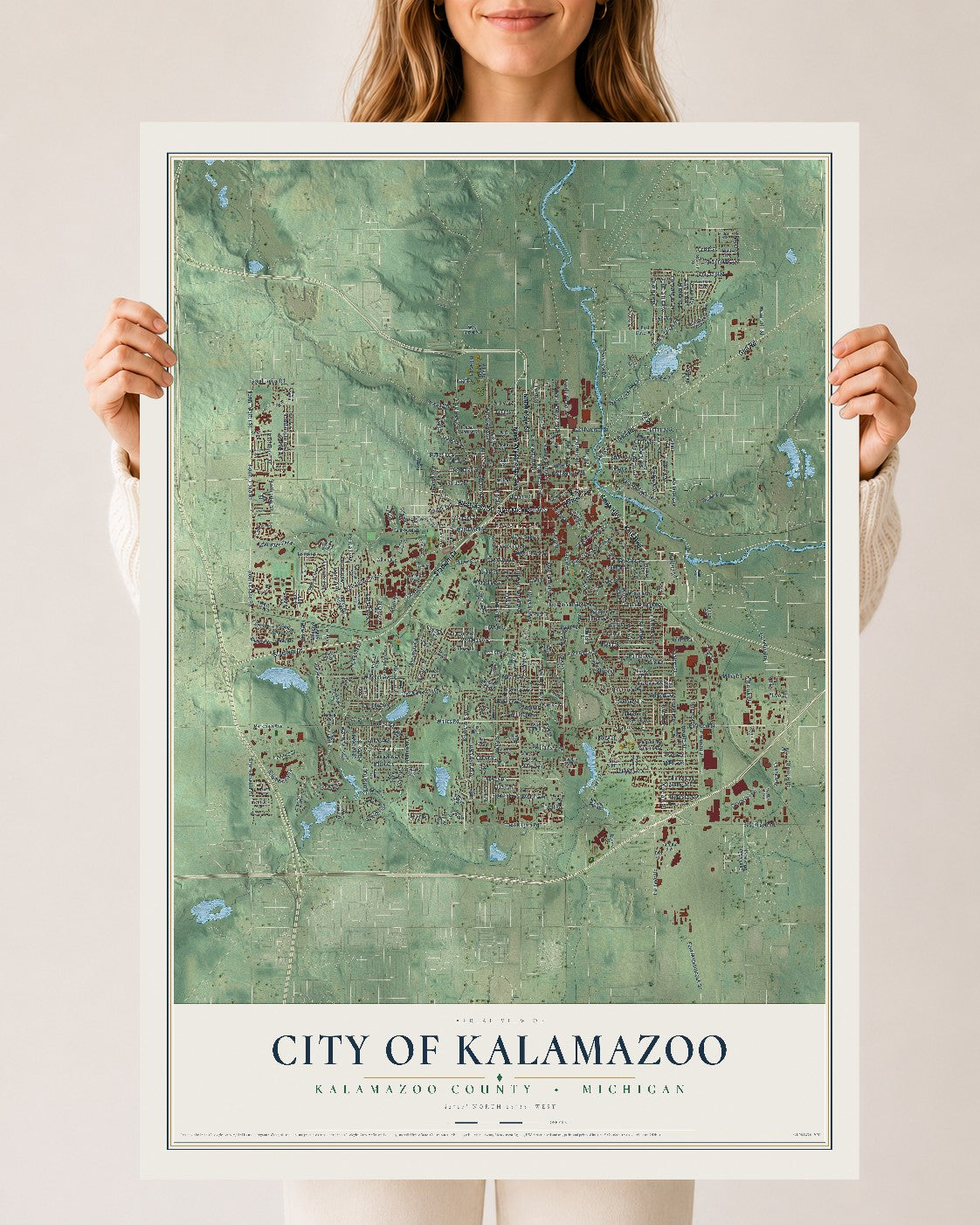 Map of Kalamazoo, Michigan, 24 x 36 inch unframed archival matte print