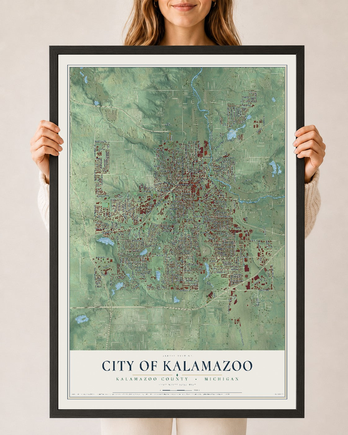 Map of Kalamazoo, Michigan, 24 x 36 inch print in a black wood frame
