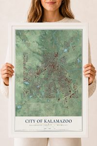 Map of Kalamazoo, Michigan, 18 x 24 inch print in a white wood frame