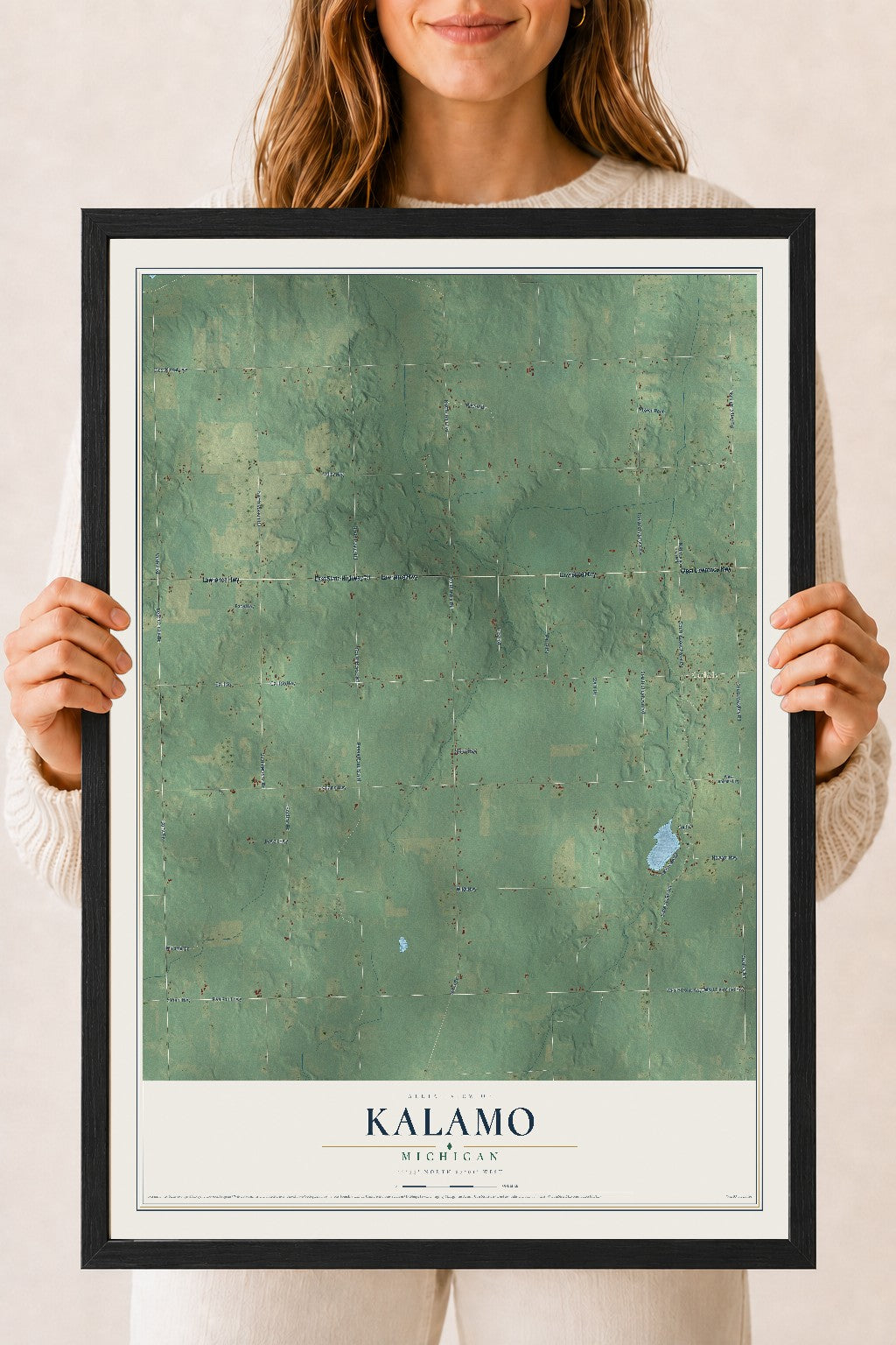 Map of Kalamo, Michigan, 18 x 24 inch print in a black wood frame
