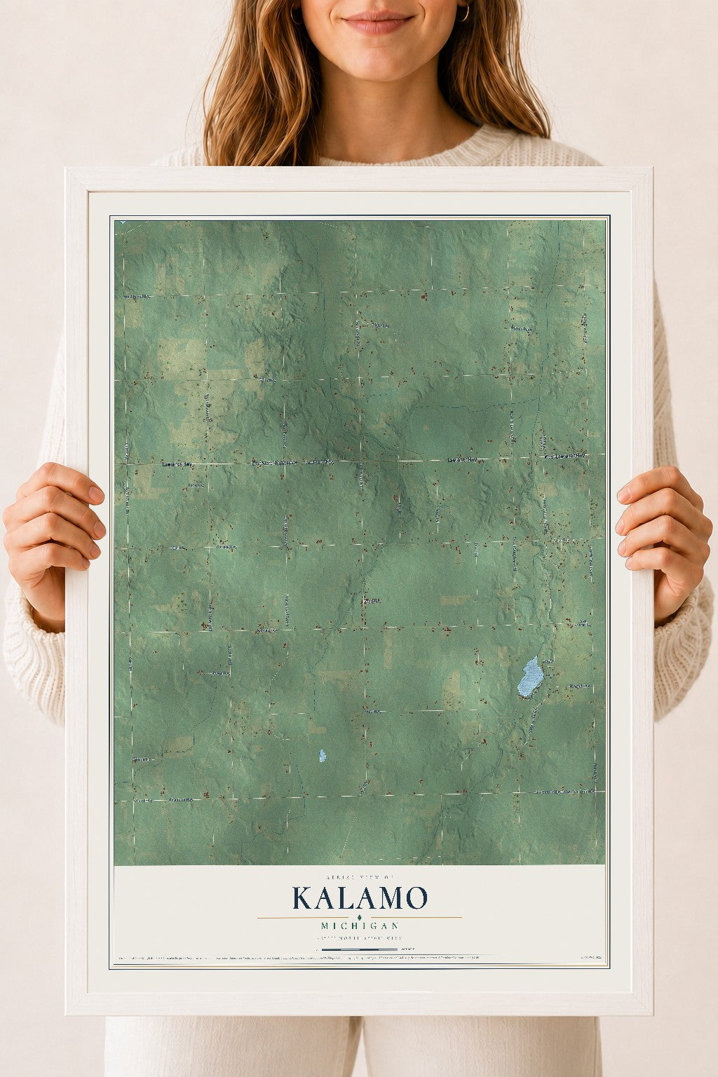 Map of Kalamo, Michigan, 18 x 24 inch print in a white wood frame