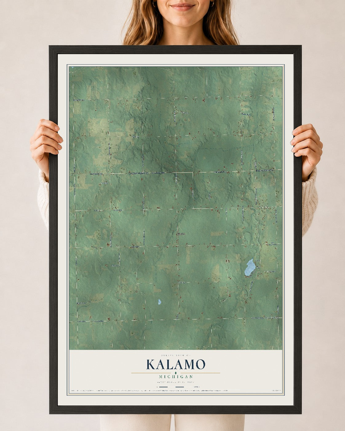 Map of Kalamo, Michigan, 24 x 36 inch print in a black wood frame