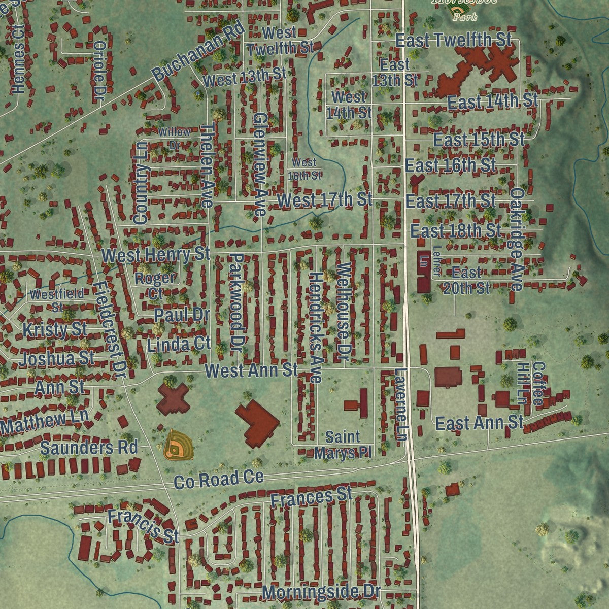 Close-up of the map of Kaukauna, Wisconsin print showing street and building detail