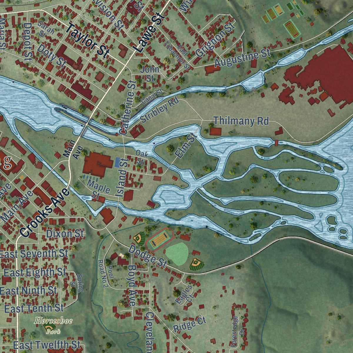 Second close-up of the map of Kaukauna, Wisconsin print showing more streets and buildings